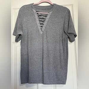 Grey Shoelace Detail V Neck Tshirt Large